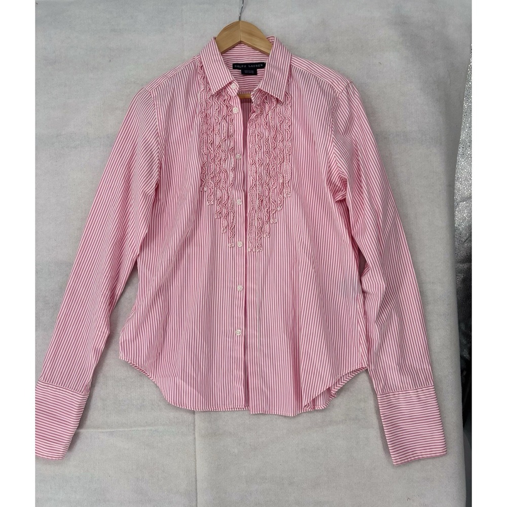 Ralph Lauren Ruffle Front Shirt Pink Stripe Button Up Blouse Cotton Women's 12